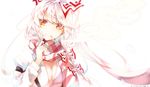 albino bad_id bad_twitter_id bow breasts cigarette cleavage fujiwara_no_mokou grin hair_bow hair_ornament hair_ribbon long_hair long_sleeves looking_at_viewer medium_breasts puffy_sleeves red_eyes ribbon scarf shirt simple_background smile smoke smoking solo sweetroad touhou upper_body white_background white_hair 
