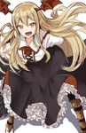  :d arms_behind_back bangs bat_wings blonde_hair boots fang granblue_fantasy hair_between_eyes head_wings highres ichifuji_nitaka_(phase_nine) knee_boots leaning_forward long_hair long_sleeves looking_at_viewer open_mouth petticoat pointy_ears shingeki_no_bahamut shirt simple_background skirt smile solo vampire vampy white_background white_shirt wings yellow_eyes 