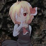  ascot bandage_over_one_eye bandages blonde_hair dark mouth_hold natsu_no_koucha red_eyes rumia short_hair solo torn_clothes touhou 