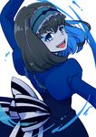  :d black_hair blue_eyes garie_tuman hairband open_mouth puffy_short_sleeves puffy_sleeves sako senki_zesshou_symphogear sharp_teeth short_hair short_sleeves smile solo teeth water 