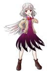  alphes_(style) boots bow covering_mouth cross-laced_footwear dairi dress full_body hand_over_own_mouth highres jacket kishin_sagume long_sleeves looking_at_viewer parody red_eyes short_hair silver_hair single_wing solo style_parody touhou transparent_background wings 