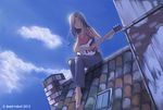  barefoot black_hair blush chimney closed_eyes dead-robot denim electric_guitar guitar instrument jeans long_hair music original pants playing_instrument rooftop solo tank_top 