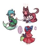  3girls :&gt; :o all_fours animal_ears blue_hair blush bow brown_hair capelet chibi collar embarrassed full-face_blush grass_root_youkai_network hair_bow head_fins imaizumi_kagerou japanese_clothes kimono leash mermaid monster_girl multiple_girls red_hair sekibanki shirt skirt solid_circle_eyes tail terrajin touhou translated wakasagihime walk-in wolf_ears wolf_tail 