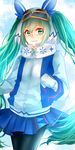  artist_request goggles green_eyes green_hair hatsune_miku highres long_hair looking_at_viewer pantyhose ski_goggles solo twintails vocaloid yuki_miku 