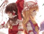  ascot bad_id bad_pixiv_id bare_shoulders blonde_hair bow brown_hair detached_sleeves fan gohei hair_bow hair_ribbon hair_tubes hakurei_reimu hat japanese_clothes long_hair meng_ziya multiple_girls nontraditional_miko purple_eyes red_eyes ribbon ribbon-trimmed_sleeves ribbon_trim simple_background smile touhou white_background yakumo_yukari 