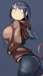  animal_ears bike_shorts blue_background blue_hair blush cat_ears cat_tail dutch_angle empty_eyes from_side green_eyes hands_in_pockets hood hood_down hoodie i_(deichi) leaning_forward looking_at_viewer navel original panties see-through simple_background solo standing striped striped_panties tail underwear 