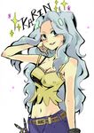  bad_id bad_pixiv_id bare_shoulders belt blue_hair breasts character_name cleavage elite_four gen_2_pokemon green_eyes grin groin karin_(pokemon) long_hair medium_breasts navel pants pokemon pokemon_(creature) pokemon_(game) pokemon_hgss seriel_alex_dubova simple_background smile solo sparkle tank_top umbreon white_background 