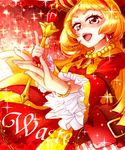  blonde_hair blush bracelet character_name crown dress earrings jewelry long_hair mutsuki_uto necklace open_mouth otoca_d'or red_background red_dress red_eyes ring scepter smile solo thumb_ring waste_(otoca_d'or) 