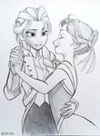  anna_(frozen) braid closed_eyes couple dancing elsa_(frozen) formal frozen_(disney) gloves hair_up hand_on_hip happy highres incest interlocked_fingers monochrome multiple_girls os-da siblings sisters smile suit traditional_media yuri 