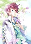  asbel_lhant blue_eyes coat flower green_shirt heterochromia lowah male_focus purple_eyes red_hair shirt solo tales_of_(series) tales_of_graces 