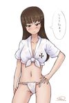  artist_name blush breasts brown_eyes brown_hair cleavage emblem front-tie_top frown fundoshi girls_und_panzer hand_on_hip iron_cross japanese_clothes large_breasts long_hair looking_at_viewer mature midriff nishizumi_shiho shirt signature sketch solo solokov_(okb-999) standing sweat translated white_background yamakasa 