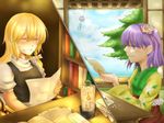  ^_^ blonde_hair blush bookshelf braid candle closed_eyes cloud day envelope flower fuji_tsugu hair_flower hair_ornament hair_ribbon hieda_no_akyuu kirisame_marisa letter long_hair multiple_girls no_hat no_headwear purple_eyes purple_hair reading ribbon short_hair side_braid sitting sky smile star table touhou tree window 