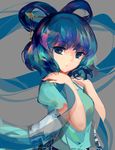  blue_dress blue_eyes blue_hair dress grey_background hair_ornament hair_rings hair_stick highres kaku_seiga looking_at_viewer lyiet puffy_sleeves shawl short_hair short_sleeves simple_background solo touhou upper_body vest watermark web_address 