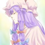  closed_eyes fuji_tsugu hair_ribbon hat long_hair lowres patchouli_knowledge portrait purple_hair ribbon solo touhou 