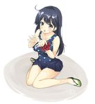  black_hair blush breasts indigorabbit kantai_collection knees_together_feet_apart large_breasts long_hair sandals sitting solo suggestive_fluid swimsuit thighs ushio_(kantai_collection) wariza 