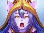  1girl close-up cum deathwingxiii ears facial gradient gradient_background green_eyes league_of_legends lulu_(league_of_legends) open_mouth purple_hair solo uvula 