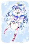  :d artist_request blue_background blue_eyes blue_hair boots brown_footwear dress flower from_above full_body fur_boots fur_trim hair_flower hair_ornament hatsune_miku headset highres knee_boots long_hair looking_at_viewer looking_up open_mouth simple_background smile solo twintails very_long_hair vocaloid white_dress yuki_miku 