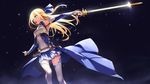  bare_shoulders blonde_hair blue_skirt breasts elf green_eyes hair_ribbon highres holding holding_sword holding_weapon left-handed light long_hair medium_breasts murakami_suigun open_mouth original pointy_ears rapier ribbon skirt solo star_(sky) sword thighhighs weapon white_legwear 