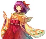  album_cover book colored_pencil_(medium) cover floral_print flower hair_flower hair_ornament hakama hieda_no_akyuu japanese_clothes kimono long_sleeves meiji_schoolgirl_uniform obi open_book pencil purple_eyes purple_hair red_hakama sash smile solo terrajin touhou traditional_media wide_sleeves 