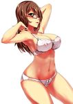  arm_behind_head armpits bra breasts brown_hair glasses green_eyes highres huge_breasts long_hair looking_at_viewer open_mouth original packge panties phantasy_star phantasy_star_online_2 red-framed_eyewear semi-rimless_eyewear solo under-rim_eyewear underwear underwear_only 