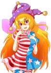  absurdres american_flag_dress american_flag_legwear blonde_hair check_commentary clownpiece commentary_request cowboy_shot eyebrows eyebrows_visible_through_hair finger_to_face hair_between_eyes hand_on_own_chest hat heart heart-shaped_pupils highres jester_cap long_hair looking_at_viewer n2_bakudan_(cskf5216) open_mouth pantyhose pink_eyes simple_background solo symbol-shaped_pupils touhou very_long_hair wavy_mouth white_background 