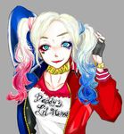  batman_(series) blonde_hair blue_eyes bracelet choker dc_comics dccu fingerless_gloves gloves harley_quinn jacket jewelry lipstick looking_at_viewer makeup multicolored_hair simple_background solo spiked_bracelet suicide_squad twintails 