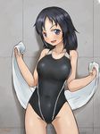  artist_name blue_eyes blue_hair blush competition_swimsuit covered_navel cowboy_shot freckles girls_und_panzer holding long_hair one-piece_swimsuit open_mouth school_swimsuit signature sketch smile solo solokov_(okb-999) standing swimsuit towel wall yamagou_ayumi 
