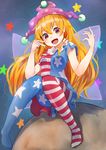  :d american_flag_dress american_flag_legwear bare_arms blonde_hair clownpiece fairy_wings fang hat highres jester_cap knees_together_feet_apart long_hair looking_at_viewer open_mouth pantyhose pyonsuke_(pyon2_mfg) red_eyes sitting smile solo touhou very_long_hair wings 