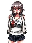  animal_print brown_eyes brown_hair clothes_writing gym_shirt hayasui_(kantai_collection) jacket kantai_collection octopus open_clothes open_jacket open_mouth shaded_face shirt skirt solo sparkle squid track_jacket yokai 
