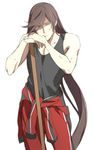  alternate_costume bangs black_hair blue_eyes clothes_around_waist cowboy_shot frown hanadi_(hndboo) izumi-no-kami_kanesada jacket jacket_around_waist leaning_on_broom long_hair male_focus pants pectorals resting simple_background solo sweat swept_bangs tank_top touken_ranbu track_jacket track_pants track_suit white_background 