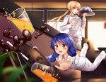  blonde_hair blue_eyes blush braid brown_eyes chef_uniform chestnut_mouth drink drinking_straw falling glass highres indoors liquid multiple_girls nakiri_erina onamae-kun plate ponytail purple_eyes restaurant shokugeki_no_souma tadokoro_megumi teardrop tripping twin_braids 