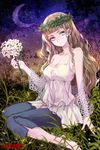  barefoot blue_eyes brown_hair capri_pants crescent_moon devil_maker feet flower grass laurel_crown long_hair moon nokcy non-web_source pants sitting smile solo wariza 