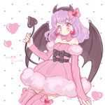  arm_warmers avarita_(otoca_d'or) bad_id bad_pixiv_id bare_shoulders bat_wings black_sleeves blush bow bridal_gauntlets character_name demon_tail detached_collar earrings hairband heart heart_earrings horn_bow horns jewelry otoca_d'or pink_bow pink_eyes pink_legwear pink_skirt pink_sleeves purple_hair short_hair skirt smile solo tail thighhighs wings yayoi_(french) 