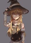  bad_id bad_pixiv_id blank_eyes blonde_hair braid expressionless fingerless_gloves gloves grey_background hand_on_headwear hat injury kirisame_marisa long_hair looking_at_viewer meng_ziya scratches solo torn_clothes touhou witch witch_hat yellow_eyes 