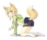  aburaage all_fours animal_ear_fluff animal_ears blonde_hair blue_eyes food fox_ears hood hood_down hoodie looking_at_viewer mouth_hold no_shoes original poco_(asahi_age) shiratama_kitsune short_hair simple_background skirt socks solo tail white_background 