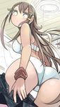  ass bra brown_hair empty_eyes foreshortening from_behind from_below hair_ornament hair_tubes hairclip i_(deichi) long_hair looking_at_viewer original panties skirt skirt_pull smile solo underwear underwear_only undressing white_bra white_panties wrist_cuffs 