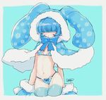  acedia_(otoca_d'or) animal_ears animal_hood bad_id bad_pixiv_id blue blue_background blue_bow blue_bra blue_gloves blue_hair blue_legwear blue_panties border bow bra bunny_ears capelet cowboy_shot expressionless gloves hair_over_eyes hood mittens otoca_d'or outside_border panties print_bra print_capelet print_panties short_hair signature snowflake_print solo soreeyu_(sore-yu) thighhighs underwear underwear_only white_border 