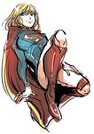  1girl blonde_hair blue_eyes cape dc_comics flying kryptonian leotard long_sleeves red_shoes simple_background solo supergirl superman_(series) 