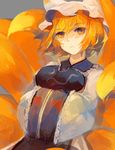  breast_rest breasts dress expressionless fox_tail grey_background hands_in_opposite_sleeves hat highres large_breasts long_sleeves looking_at_viewer lyiet multiple_tails orange_(color) orange_eyes orange_hair pillow_hat short_hair simple_background solo tabard tail touhou upper_body watermark web_address wide_sleeves yakumo_ran 