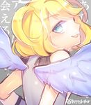  bad_id bad_pixiv_id blonde_hair blue_eyes grey_background hitohira_(shiroringo48) looking_back lowres otoca_d'or prid_(otoca_d'or) shirt short_hair short_twintails sleeveless sleeveless_shirt smile solo twintails twitter_username white_wings wings 