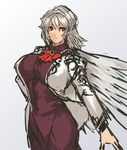  breasts brooch dress highres jacket jewelry kishin_sagume large_breasts looking_at_viewer nameo_(judgemasterkou) open_clothes open_jacket purple_dress red_eyes short_hair silver_hair single_wing smile solo touhou wings 