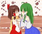  bench benikurage blush bow brown_hair cat closed_eyes cookie_(touhou) detached_sleeves facepaint fish food green_hair hair_bow hair_ornament hair_ribbon hair_tubes hakurei_reimu kochiya_sanae long_hair multiple_girls paseri_(cookie) pocky pocky_kiss ribbon ribbon-trimmed_sleeves ribbon_trim ropu sarashi scarf shared_food touhou yuri 