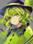  green_eyes green_hair grey_background hat hat_ribbon heart heart_of_string highres komeiji_koishi long_sleeves lyiet ribbon shirt short_hair smile solo string touhou upper_body watermark web_address 