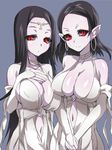  bad_id bad_pixiv_id bare_shoulders black_hair black_sclera breasts bridal_gauntlets brll circlet elbow_gloves gloves huge_breasts light_smile long_hair looking_at_viewer multiple_girls navel overlord_(maruyama) pale_skin pointy_ears purple_background red_eyes simple_background vampire vampire_bride_(overlord) very_long_hair 