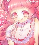  :q bad_id bad_pixiv_id double_bun finger_to_mouth frills gloves gulico_(otoca_d'or) hitohira_(shiroringo48) long_hair lowres otoca_d'or pink pink_background pink_eyes pink_hair solo tongue tongue_out white_gloves 