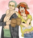  black_hair earflap_hat earrings gradient gradient_background green_hair haramaki hat jewelry male_focus monkey_d_luffy mug multiple_boys one-eyed one_piece one_piece_film_z open_mouth open_shirt plaid_shirt roronoa_zoro scar shirt smile smiley straw_hat sunglasses t-shirt v-neck 