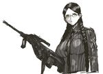  assault_rifle bangs braid breasts brown_hair bullpup cigarette glasses glasses_girl_(nameo) green_eyes gun hair_over_shoulder holding holding_gun holding_weapon large_breasts long_hair nameo_(judgemasterkou) original parted_bangs rifle shirt solo steyr_aug striped trigger_discipline twin_braids vertical_stripes weapon 