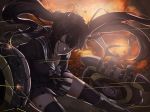  1girl action bangs black_gloves black_hair black_legwear black_serafuku black_skirt blurry blurry_background bow breasts c-eye clenched_teeth damaged debris dust dust_particles explosion eyebrows_visible_through_hair fire floating-hair floating_hair girls_frontline gloves gun lightning long_hair looking_at_viewer machinery medium_breasts missile missile_pod ouroboros_(girls_frontline) red_eyes ricocheting sangvis_ferri school_uniform serafuku sidelocks skirt solo teeth thighhighs tracer_fire twintails very_long_hair weapon wind 