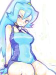  arms_behind_back bare_shoulders blue_gloves blue_hair blue_leotard covered_navel gloves ibuki_(pokemon) leotard long_hair looking_away looking_to_the_side mo-mo pokemon pokemon_(game) pokemon_hgss ponytail purple_eyes simple_background sitting solo tegaki white_background 