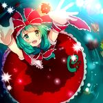  bow from_above front_ponytail green_eyes green_hair hair_bow hair_ribbon kagiyama_hina matryoshka_(borscht) open_mouth ribbon smile solo touhou water wrist_ribbon 